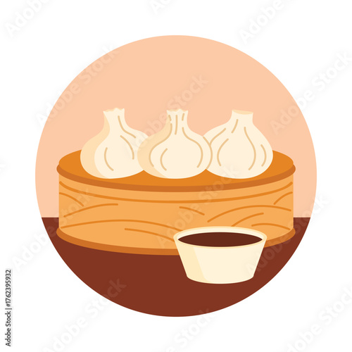 Traditional Chinese dumplings in bamboo steamer with dipping sauce isolated on white vector illustration