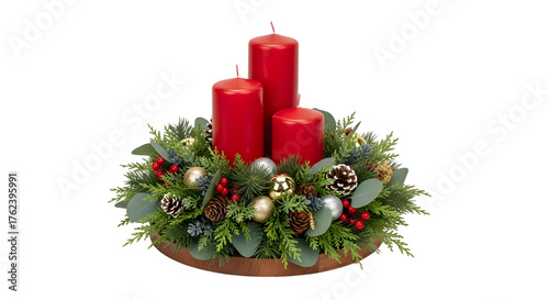 Christmas centerpiece with red candles isolated on transparent background