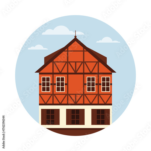 Classic Danish half-timbered house with windows and shutters, isolated on white background vector illustration