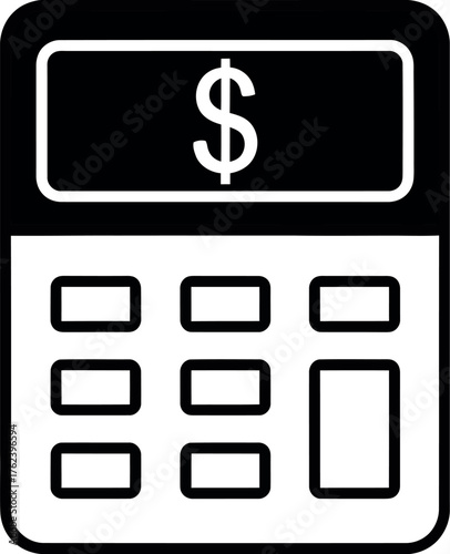 Simple black and white icon of a calculator with a dollar sign on its screen representing finance and accounting