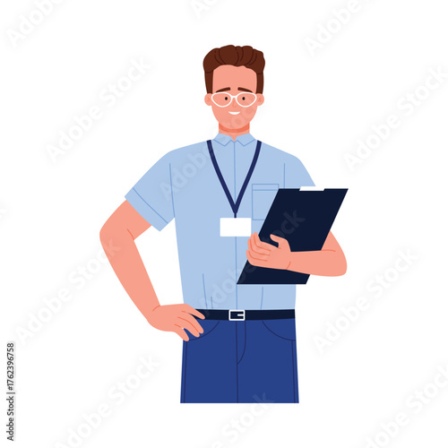 Smiling driving school instructor with clipboard and badge on white isolated background vector illustration