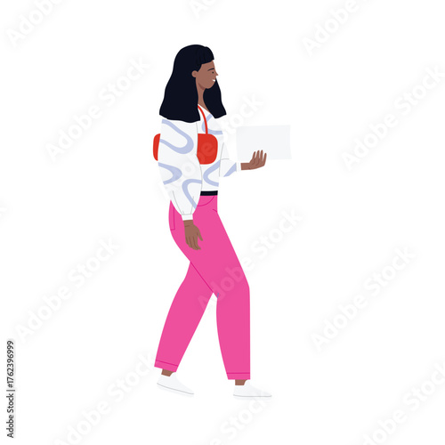 Young woman standing in election queue holding paper, isolated on white background vector illustration