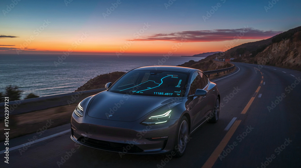 Obraz premium A sleek electric car drives along a coastal highway at sunset, its digital navigation system projected onto the windshield.