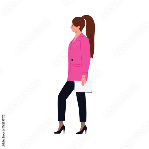 Young woman standing in line holding paper, isolated on white background, election queue vector illustration