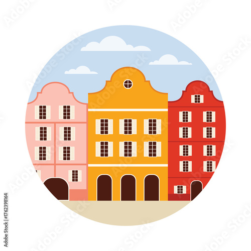 Traditional Austrian colorful townhouses with classic facades and windows, isolated on white vector illustration