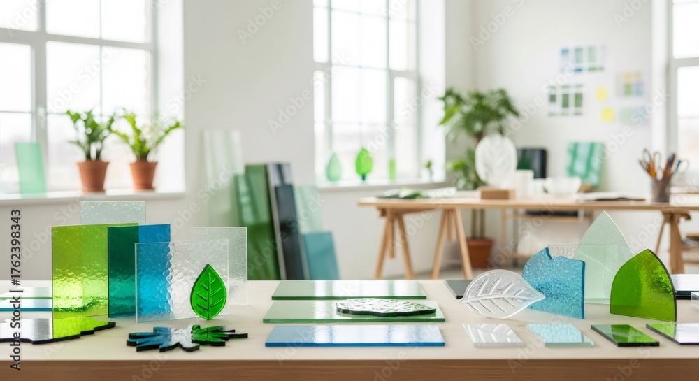 Fototapeta premium Eco friendly packaging samples with leaf shaped glass and panels on desk. Sustainable material development for product design concept.