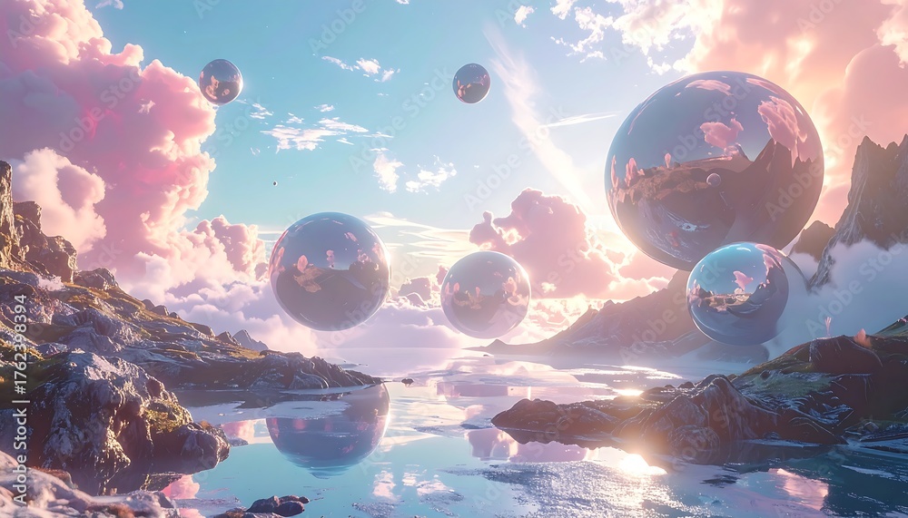 Obraz premium Dreamscape of Floating Spheres and Serene Waters.