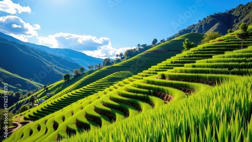 Lush green terraced rice paddies cascade down a hillside under a clear blue sky, cultivation, peaceful