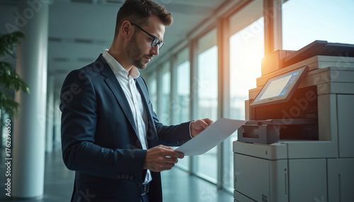Businessman in suit and glasses holds paper near office printer. Man in formal wear prepares to print document. Office worker interacts with multifunction printer device.