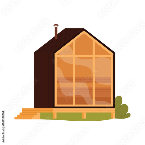 Contemporary wooden bathhouse with large windows and chimney on isolated white background vector illustration