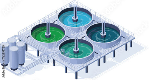 Isometric industrial wastewater treatment plant with aeration tanks, filtration system, and chemical storage,