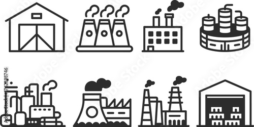 Minimalist line art illustration of various industrial factory buildings, power plant cooling towers, nuclear station,