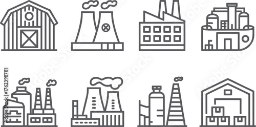 Minimalist line art illustration of various industrial factory buildings, power plant cooling towers, nuclear station,