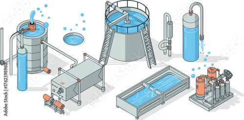 Modern industrial chemical plant with multiple storage tanks, connected pipes, pressure vessels