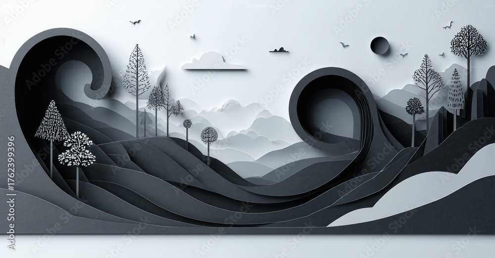 Obraz premium Papercraft landscape depicts hills, trees, sky. Minimalist design uses grayscale tones, creating depth, texture. Circular elements add visual interest.