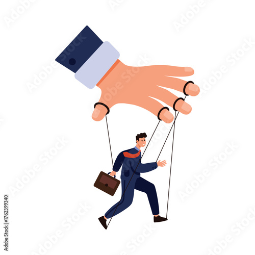 Large hand controls businessperson like puppet symbolizing manipulation and power isolated vector illustration