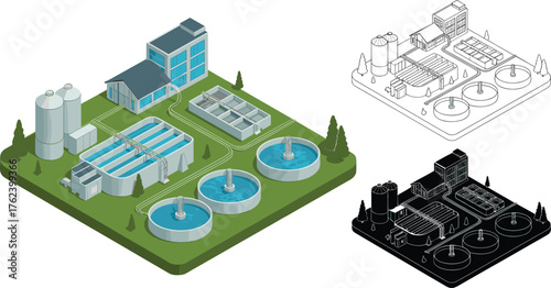 Modern industrial water treatment plant facility with purification tanks, circular sedimentation pools, storage silos