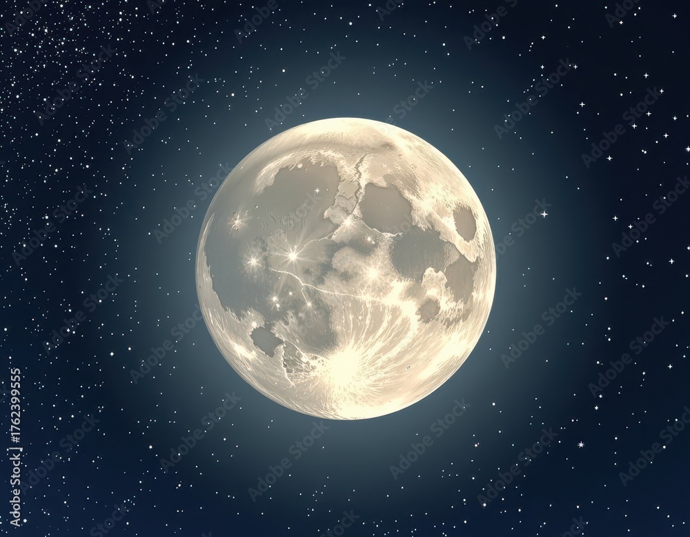 Fototapeta premium A luminous full moon hangs in a vast, star-dusted night sky, casting a soft glow over the darkness, remote, white, tranquil