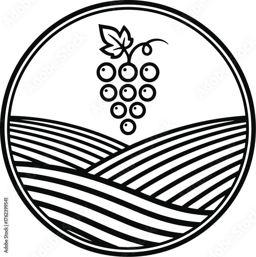 Vineyard Landscape Vector Logo with Grape Leaf Icon