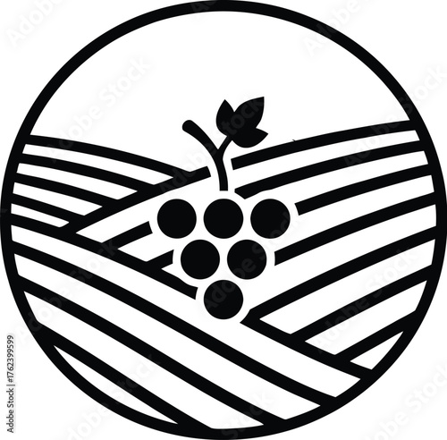 Vineyard Landscape Vector Logo with Grape Leaf Icon