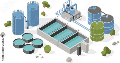 Modern water treatment plant with industrial blue pipes, clean reservoir pool, and futuristic storage tank under clear sky,