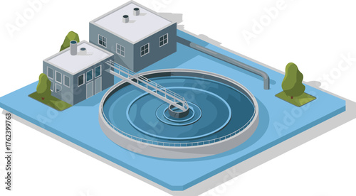 Modern wastewater treatment plant with circular clarifier tank, industrial purification system