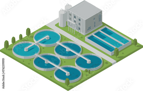 Modern wastewater treatment plant with circular sedimentation tanks and filtration system