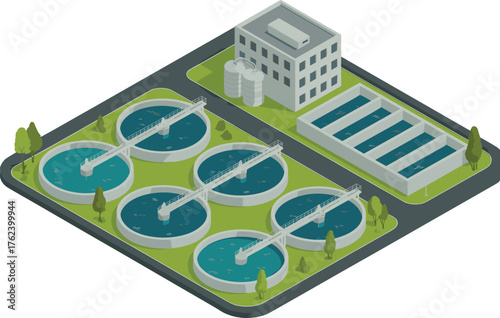 Modern wastewater treatment plant with circular sedimentation tanks and filtration system