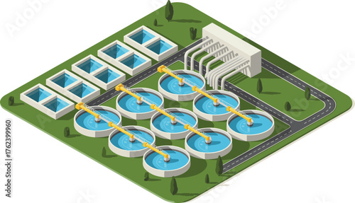 Modern wastewater treatment plant with circular sedimentation tanks and rectangular clarifiers