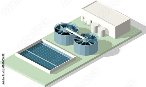 Modern water treatment plant facility with large circular settling tanks and filtration basin,