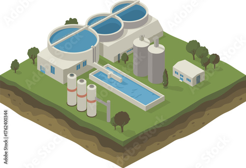 Modern water treatment plant with circular filtration tanks, industrial silos, and green landscape, sustainable wastewater purification system architecture illustration