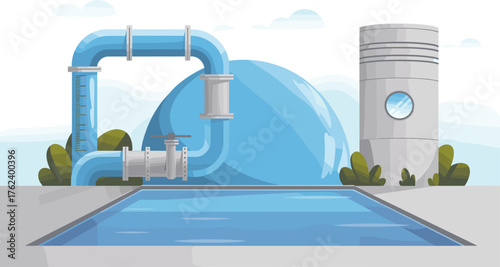 Modern water treatment plant with industrial blue pipes, clean reservoir pool, and futuristic storage tank under clear sky,