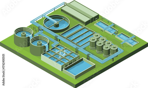 Modern wastewater treatment plant with large circular sedimentation tanks, chemical storage silos, filtration units