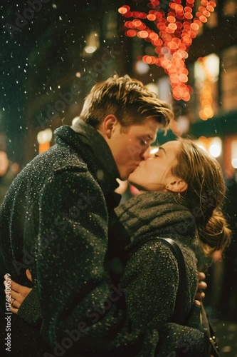 A happy couple hugging at the street town on winter day.