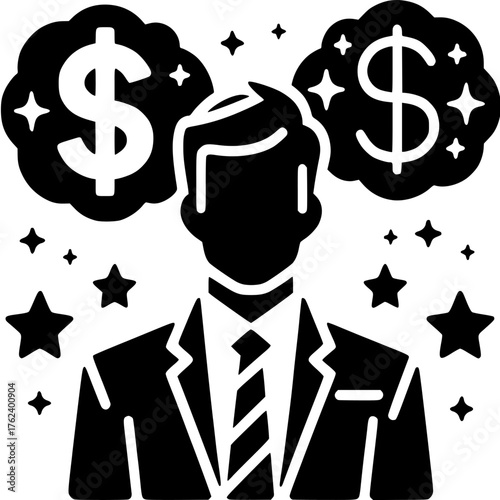 Financial Aspirations: The image is a striking silhouette of a businessman with thought bubbles, visualizing aspirations of wealth, symbolizing financial dreams and business acumen.