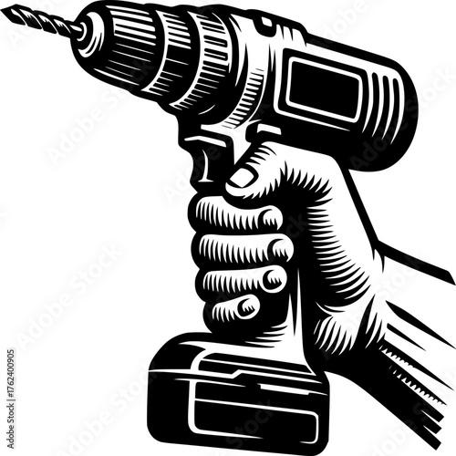Hand holding power drill: A detailed, close-up image showcases a hand firmly gripping a power drill, highlighting the tool's design and function in a practical context.