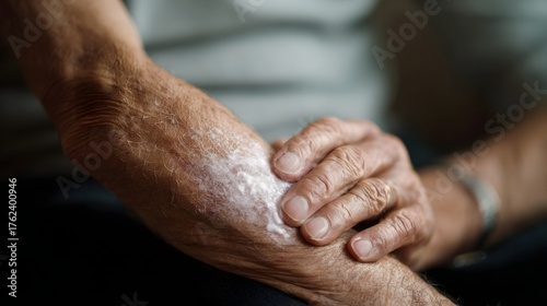 Close up of an elderly person s arm with dry scaly skin receiving cream application