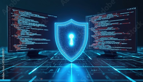 Luminous blue shield with keyhole icon guards two computer monitors displaying complex lines of digital code. Digital scene signifies advanced cybersecurity, data protection, network security, robust