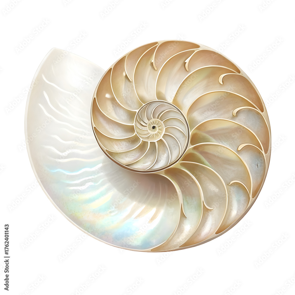 Obraz premium Iridescent Nautilus Shell Spiral on transparent background