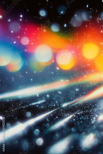 Vibrant cosmic light streaks with bokeh background