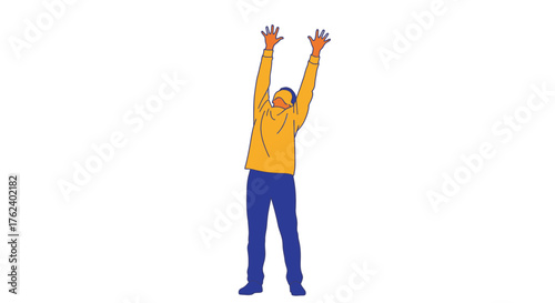 Man with arms raised high in the air.