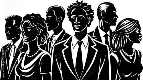 Diversity in silhouettes featuring six individuals in formal attire with distinct hairstyles and expressions. This depiction of diversity highlights inclusion and unity among different backgrounds.