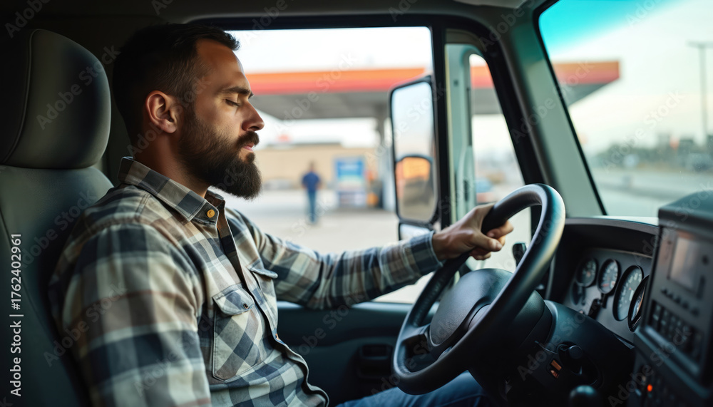 Obraz premium Bearded man tired, asleep in truck cabin. Driver rests head against steering wheel, battling fatigue. Exhausted man drives long haul, unsafe road trip.