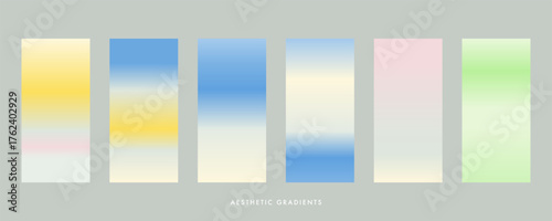 Sky gradient swatches set. Pastel color natural gradient backgrounds. Light blue, yellow, pale pink, green color gradation. Multicolored fuzz palette template for beauty in nature design, bg, overlay