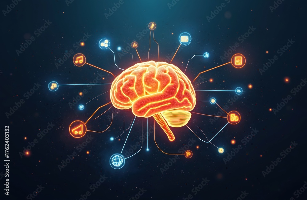 Obraz premium Glowing brain connects to icons for music, science, art, and internet. Represents interdisciplinary thinking, idea generation, and knowledge synthesis.
