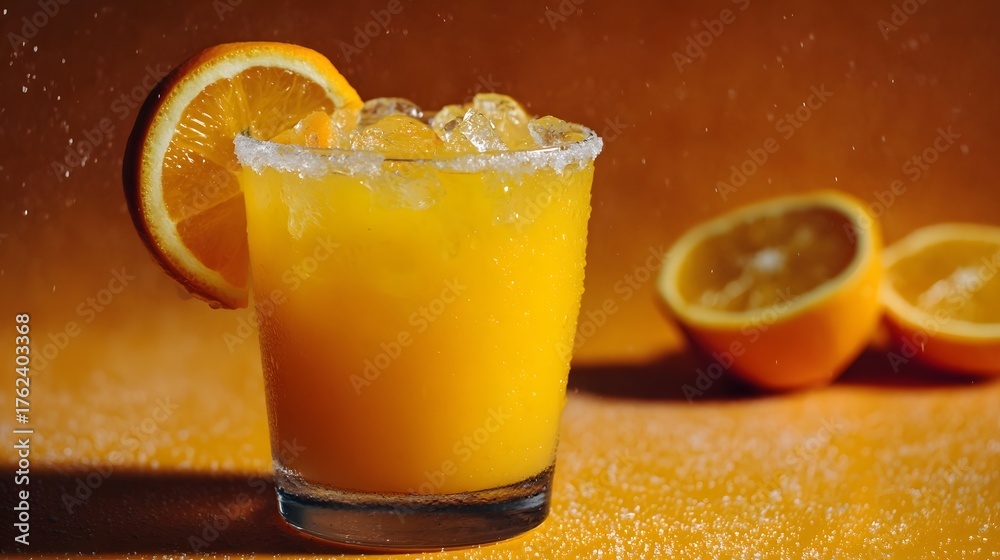 Fototapeta premium A refreshing orange beverage in a glass with a sugar rim and orange slice garnish