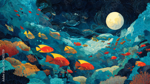 Stylized tropical fish swimming through glowing moonlit underwater reef in elegant fine-art surreal marine vector illustration design.