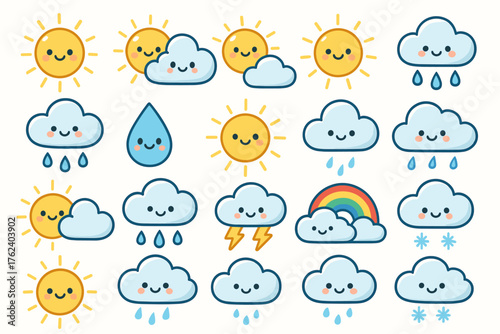 icons in soft colors (mainly blue and yellow tones). The theme focuses on weather conditions.