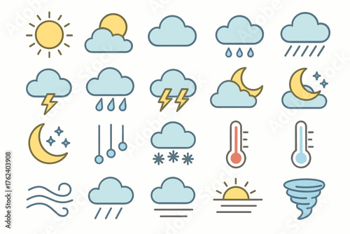 icons in soft colors (mainly blue and yellow tones). The theme focuses on weather conditions.