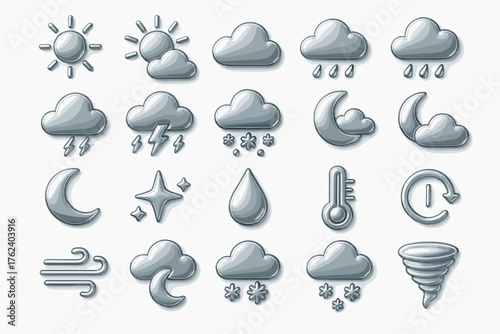 icons in a gray-metallic style. The theme focuses on weather conditions.